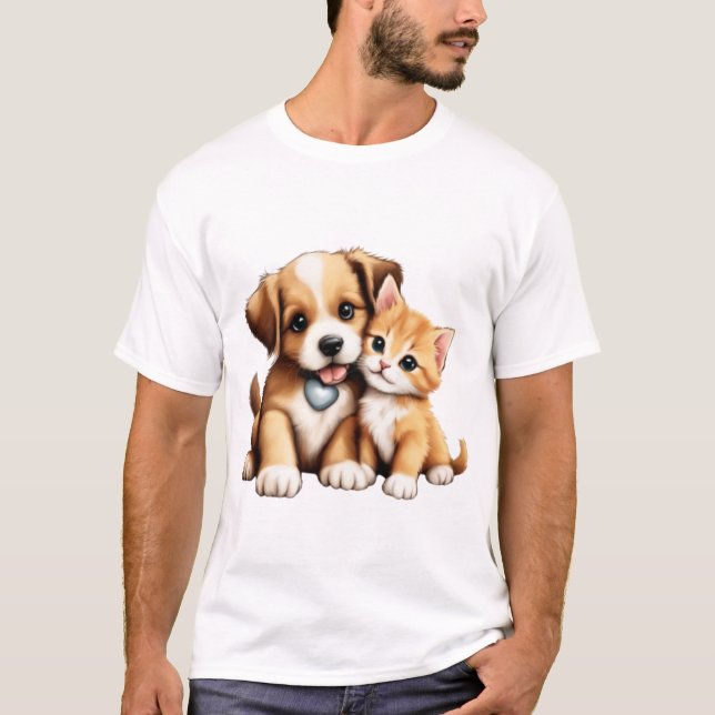 Cute Dog And Cat In Love  T-Shirt (Front)