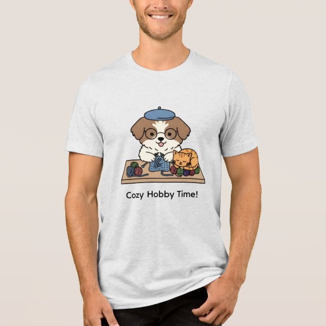 Cute Dog and Cat Knitting Together Graphic Design Tri-Blend Shirt (Front)