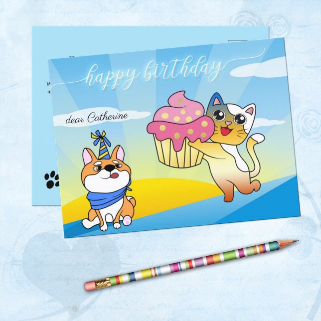 Cute Dog and Cat Lover Cartoon Birthday Postcard (Creator Uploaded)