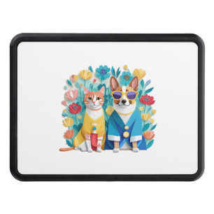 Cute dog and cat newlyweds wearing Korean hanbok.  Hitch Cover