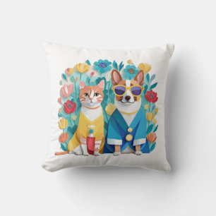 Cute dog and cat newlyweds wearing Korean hanbok. Throw Pillow