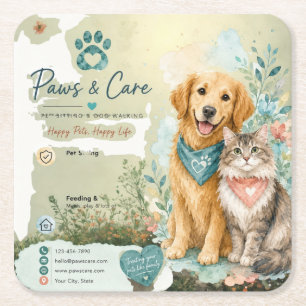 Cute Dog And Cat Pet Sitter Dog Walker Square Paper Coaster