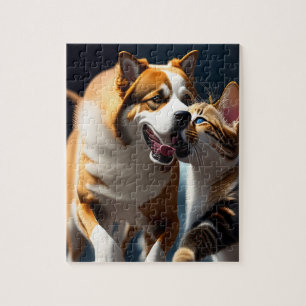 Cute Dog and Cat Playing Jigsaw Puzzle