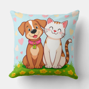 Cute Dog And Cat Together Friendship Animal Style Throw Pillow