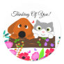 Cute Dog And Cat With Flowers And Butterfly Classic Round Sticker