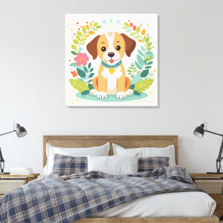 Cute Dog And Colorful Flowers Kids Canvas Print