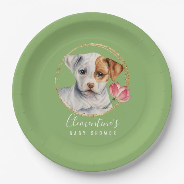Cute Dog and Flower | Spring Baby Shower Paper Plates (Front)