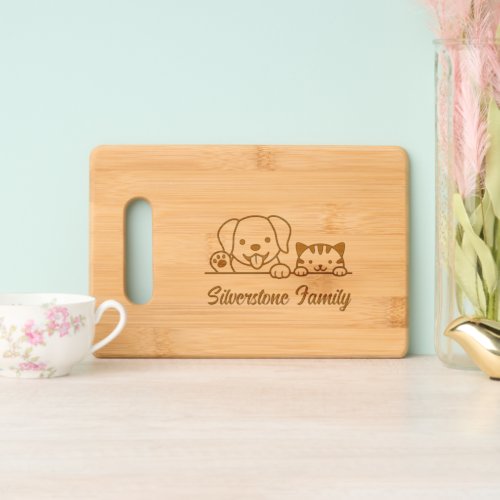 Cute Dog and Tabby Cat Family Name Cutting Board