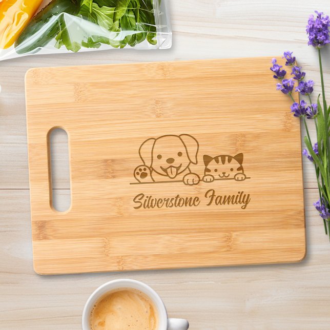 Cute Dog and Tabby Cat Family Name Engraved Cutting Board (Creator Uploaded)