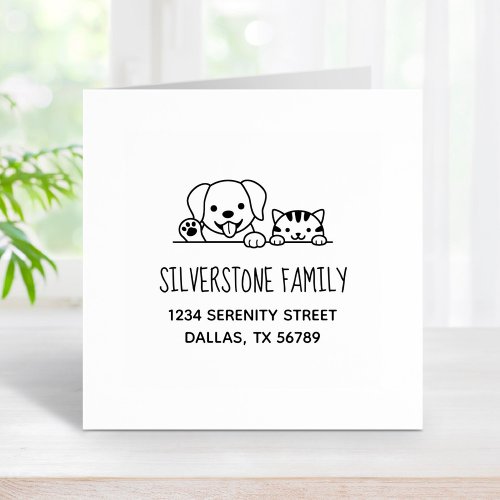 Cute Dog and Tabby Cat Peeking Family Address Rubber Stamp