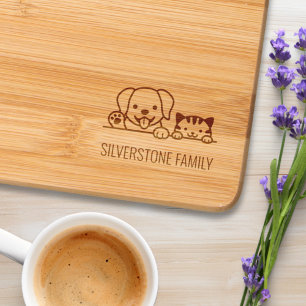 Cute Dog and Tabby Cat Peeking Family Name Engraved Cutting Board