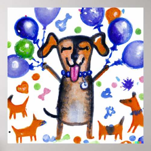 Cute Dog at a Party with Balloons Poster