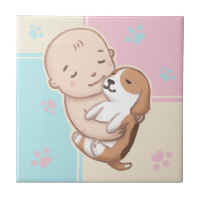 Cute Dog & Baby Illustration Art Ceramic Tile (Front)