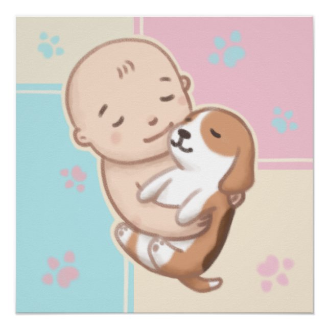 Cute Dog & Baby Illustration Art Poster (Front)