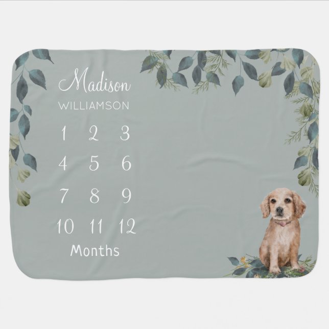 Cute Dog Baby Shower Puppy Milestone Blanket (Horizontal)