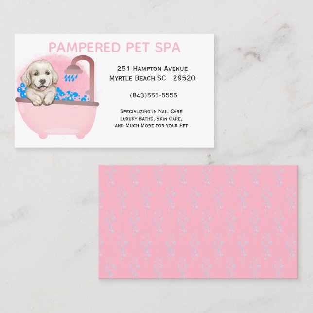 Cute Dog Bath Pink Pet Groomer Business Card (Front/Back)