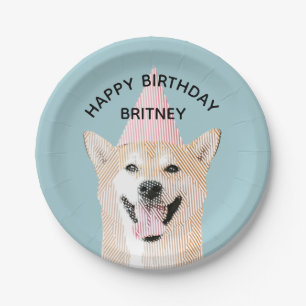 Cute Dog Birthday Kawaii Smiling Shibu Inu Blue Paper Plates