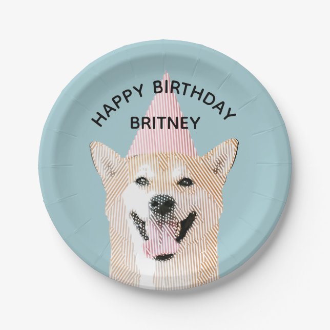 Cute Dog Birthday Kawaii Smiling Shibu Inu Blue Paper Plates (Front)