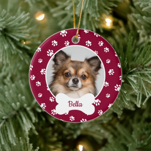 Cute Dog Bone Name Year Red  White Paw Prints Ceramic Ornament