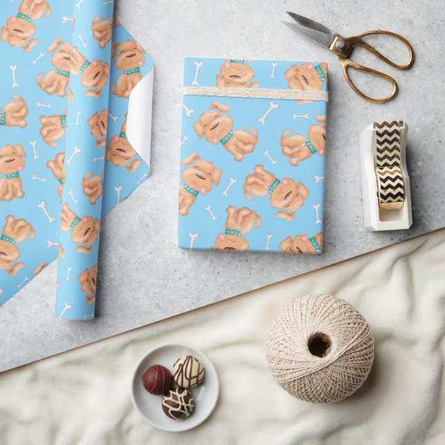 Cute Dog & Bone Simple Blue Birthday Animal Wrapping Paper (Crafts)