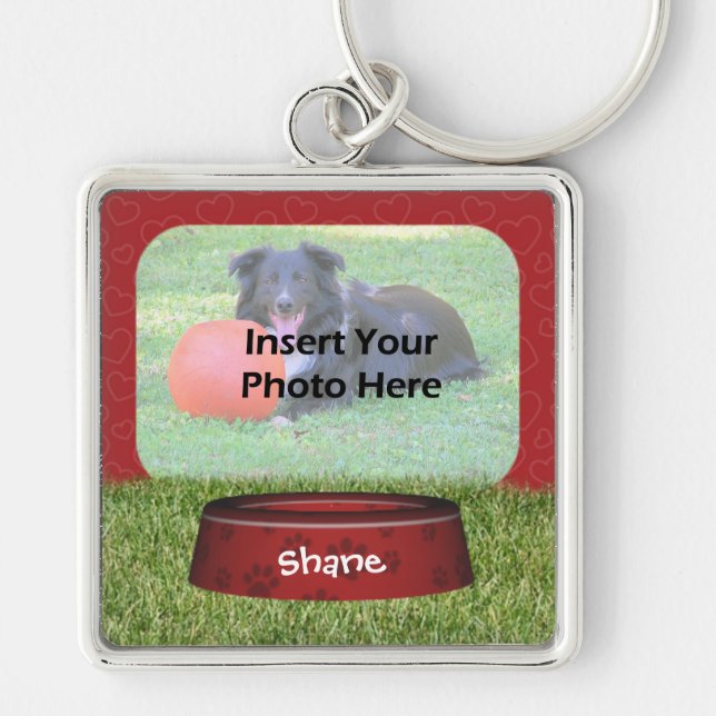 Cute Dog Bowl Design Pet Photo Keychain (Front)