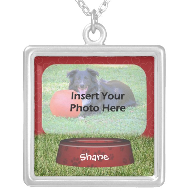 Cute Dog Bowl Design Pet Photo Silver Plated Necklace (Front)
