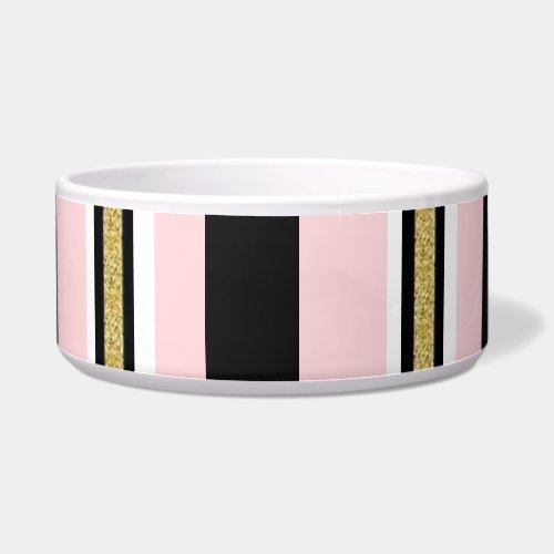 Cute Dog Bowl Pink & White Gold Black Stripe