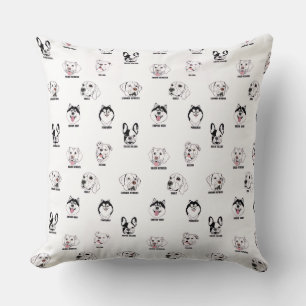 Cute Dog Breed Faces Pattern Throw Pillow