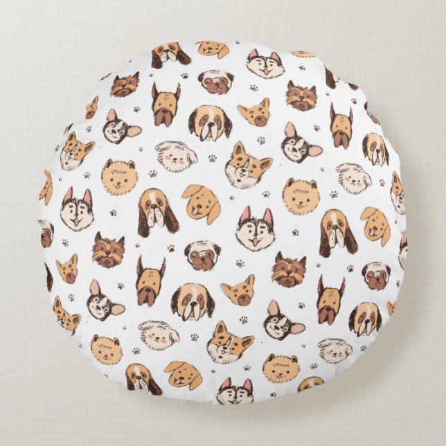 Cute Dog Breeds Pattern  Round Pillow (Front)