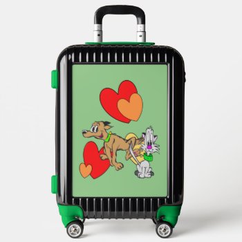 Cute Dog & Cat Cartoon Cust. Bg Color Suitcase by Edelhertdesigntravel at Zazzle