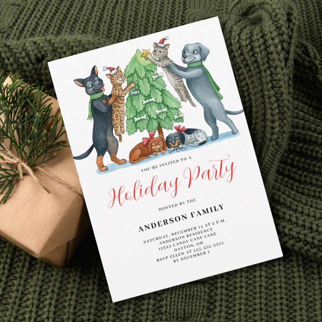 Cute Dog Cat Christmas Holiday Party Invitation (Creator Uploaded)
