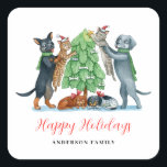 Cute Dog Cat Christmas Square Sticker<br><div class="desc">Cute dog cat Christmas square sticker. Easy to change the text.</div>
