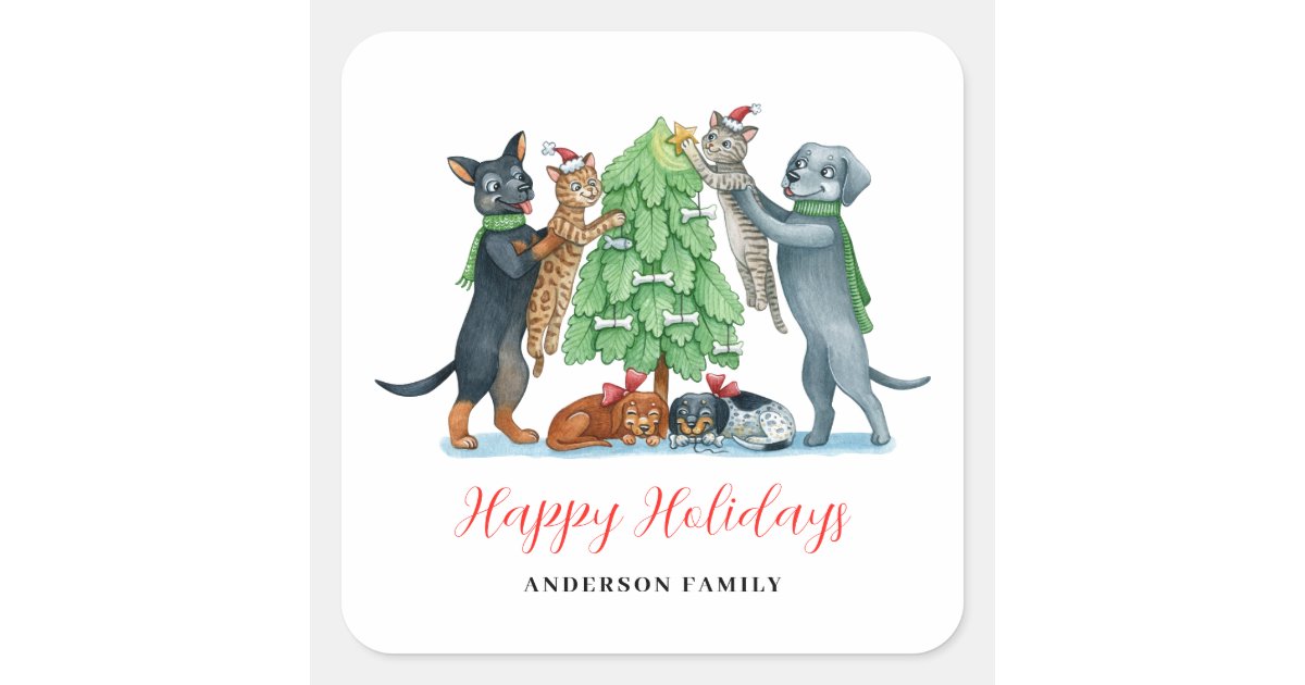 Cute Dog Cat Christmas Square Sticker | Zazzle