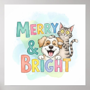 Cute Dog & Cat Merry & Bright Poster