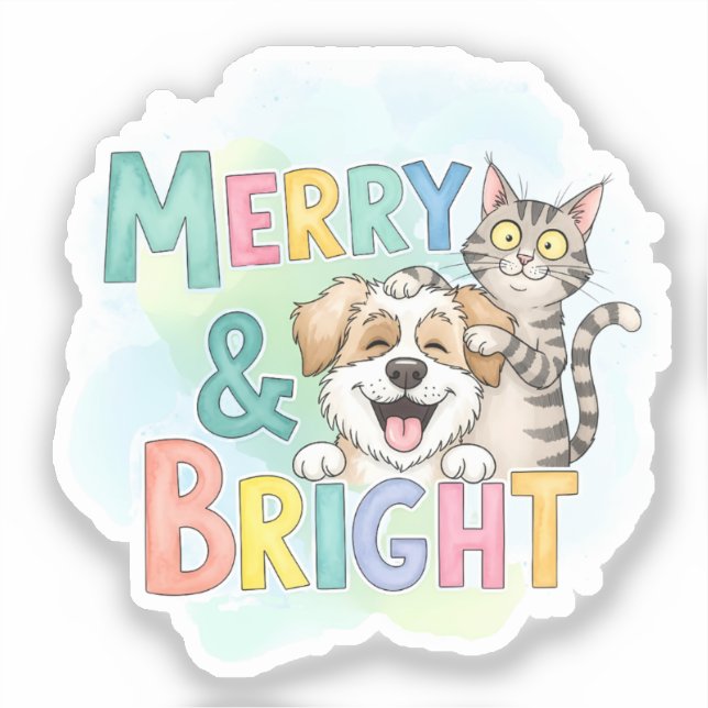 Cute Dog & Cat Merry & Bright  Sticker (Front)