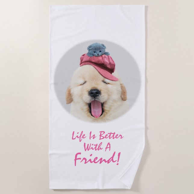 Cute Dog & Cat Personalize Beach Towel (Front)