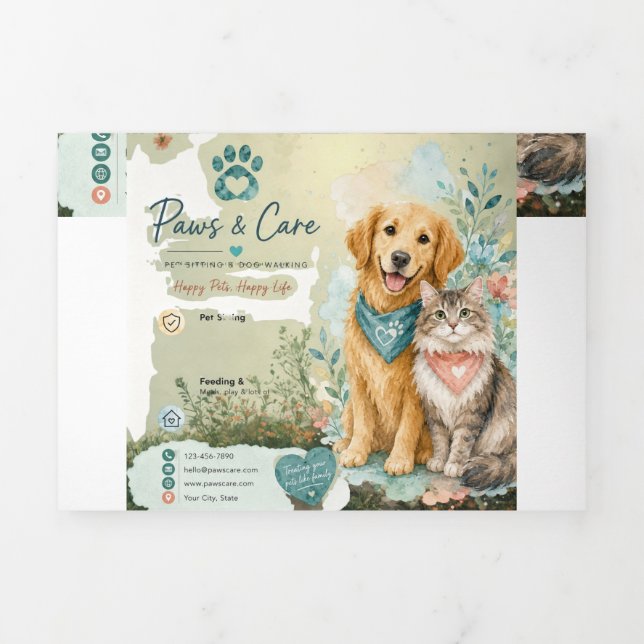 Cute Dog & Cat Pet Sitter Dog Walker  Tri-Fold Card (Cover)