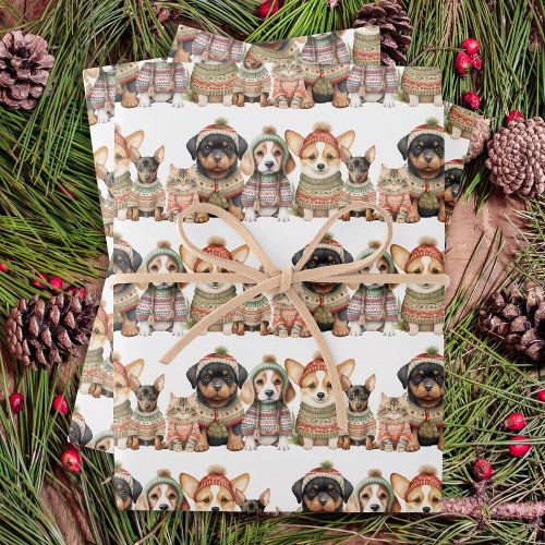 Cute Dog Cat Pets Knitted Sweaters Christmas Wrapping Paper Sheets