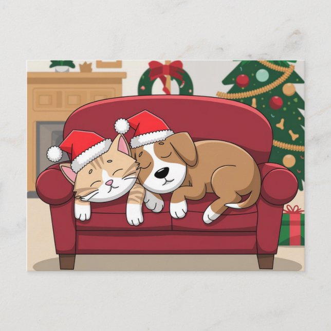 cute dog cat santa cap christmas holiday postcard (Front)