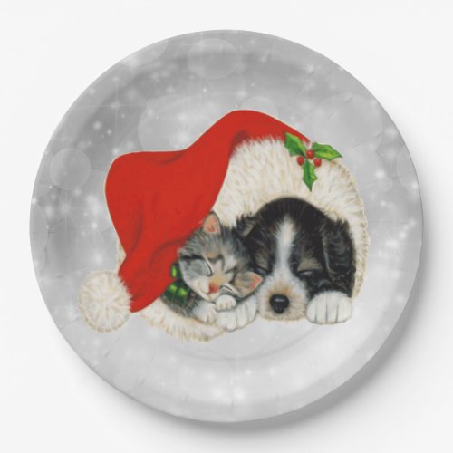 Cute Dog Cat Santa Cap Christmas Paper Plates