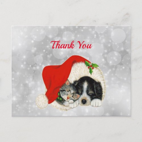 Cute Dog Cat Santa Cap Christmas Thank You Postcard