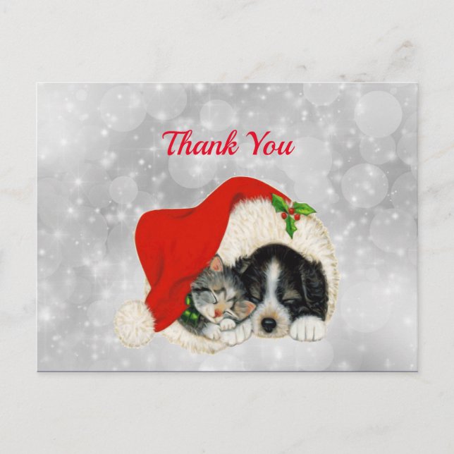 Cute Dog Cat Santa Cap Christmas Thank You Postcard (Front)