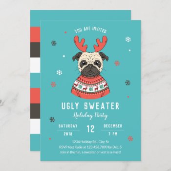 Cute Dog Character Ugly Sweater Party Invitation by marlenedesigner at Zazzle