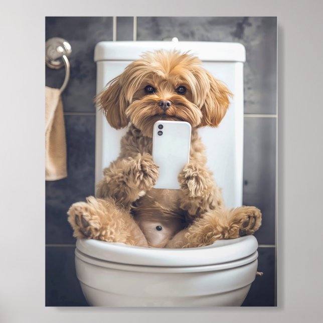 Cute Dog Checking Phone in Bathroom Toilet Acrylic Photo Tile (Front Set)