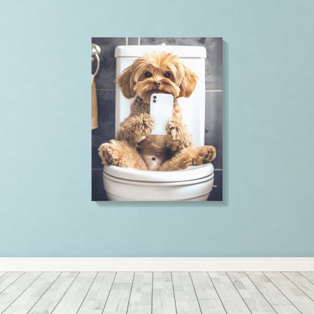 Cute Dog Checking Phone in Bathroom Toilet Canvas Print (Insitu(Wood Floor))