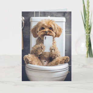 Cute Dog Checking Phone in Toilet Folded Card