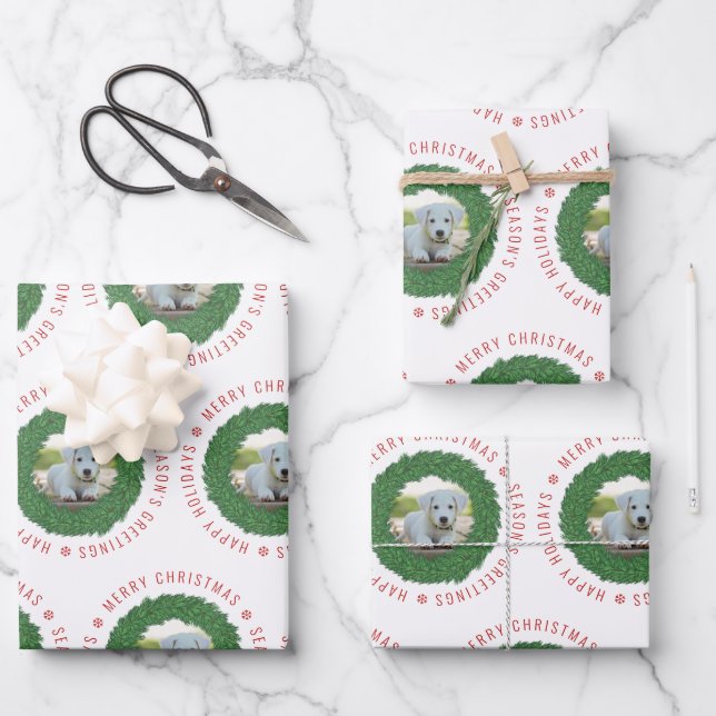 Cute Dog Christmas Wreath Custom Pet Photo Wrapping Paper Sheets (Front)