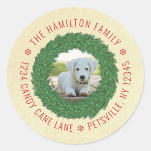 Cute Dog Christmas Wreath Pet Photo Return Address Classic Round Sticker