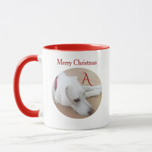 Cute Dog Custom Single Initial Red Christmas Mug