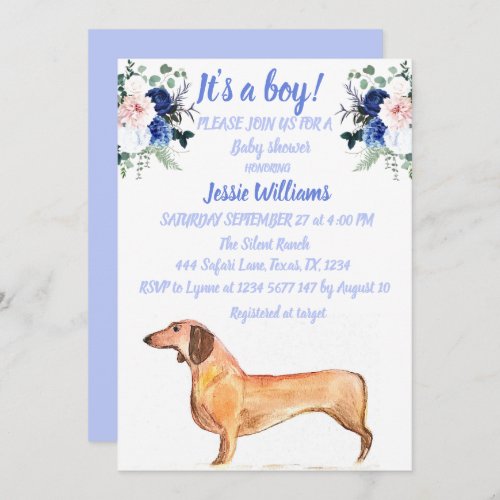 Cute Dog Dachshund Floral Blue Weiner Baby Boy Invitation